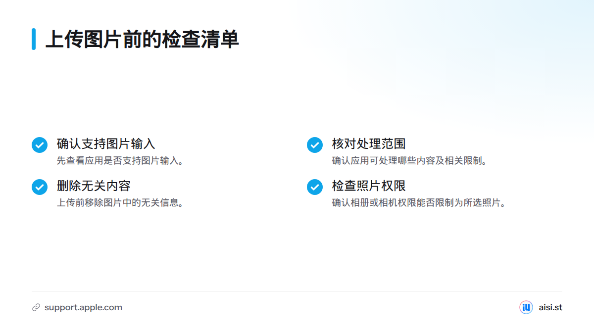 上传图片前，确认应用支持图片输入、可处理的内容和相关限制，并清除无关信息、检查照片访问权限。