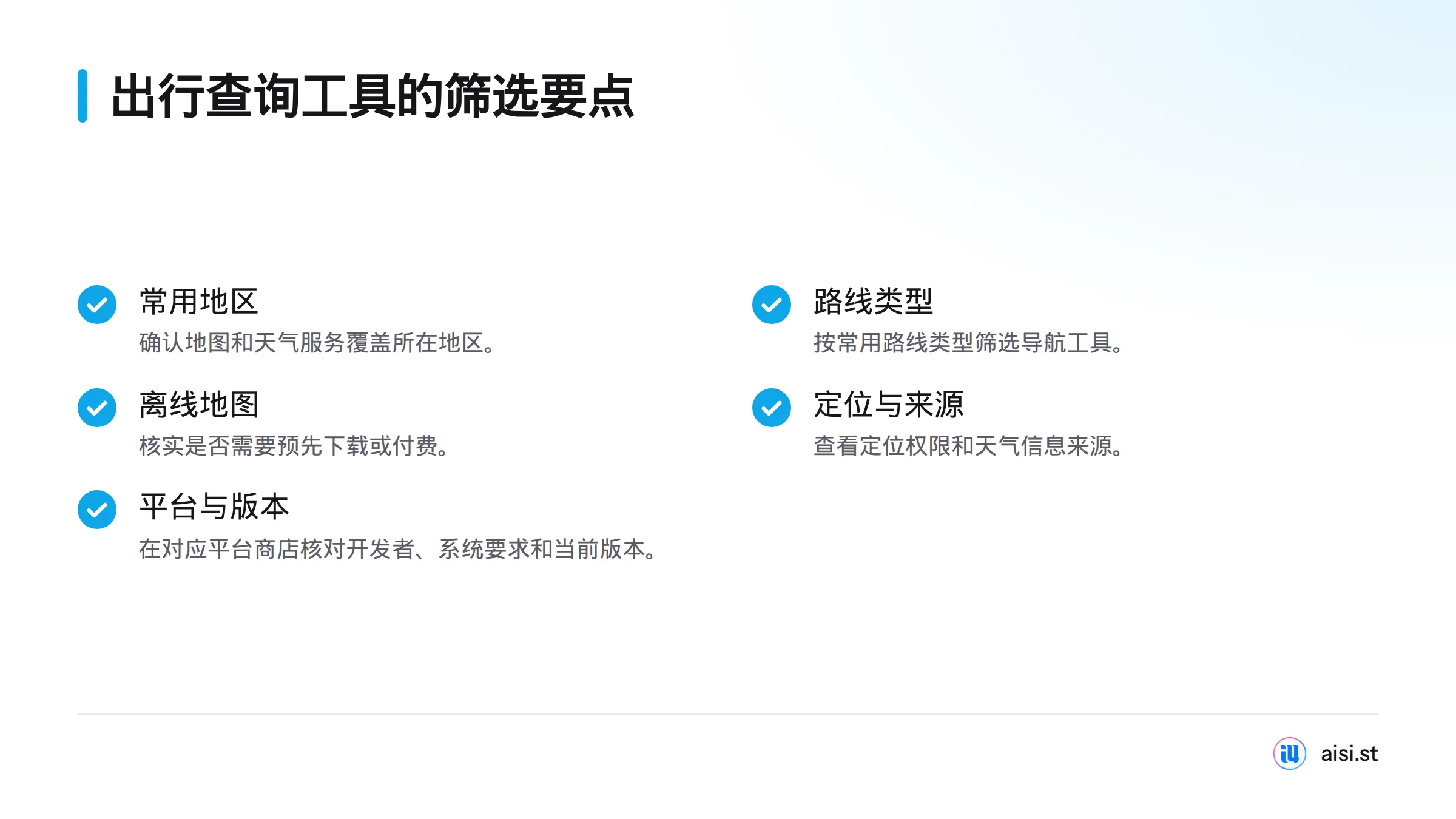 出行查询前应确认常用地区、路线类型、离线地图条件、天气覆盖范围及定位和信息来源。