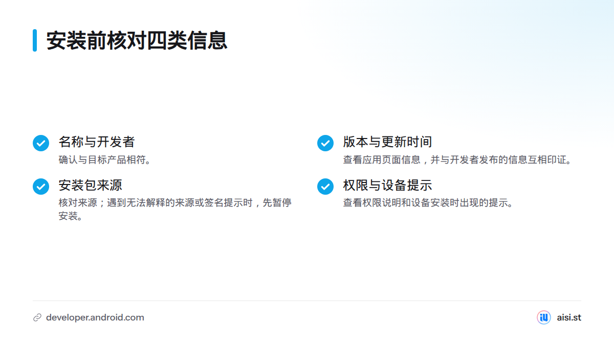 安装前核对应用名称与开发者、版本与更新时间、安装包来源，以及权限和设备提示。